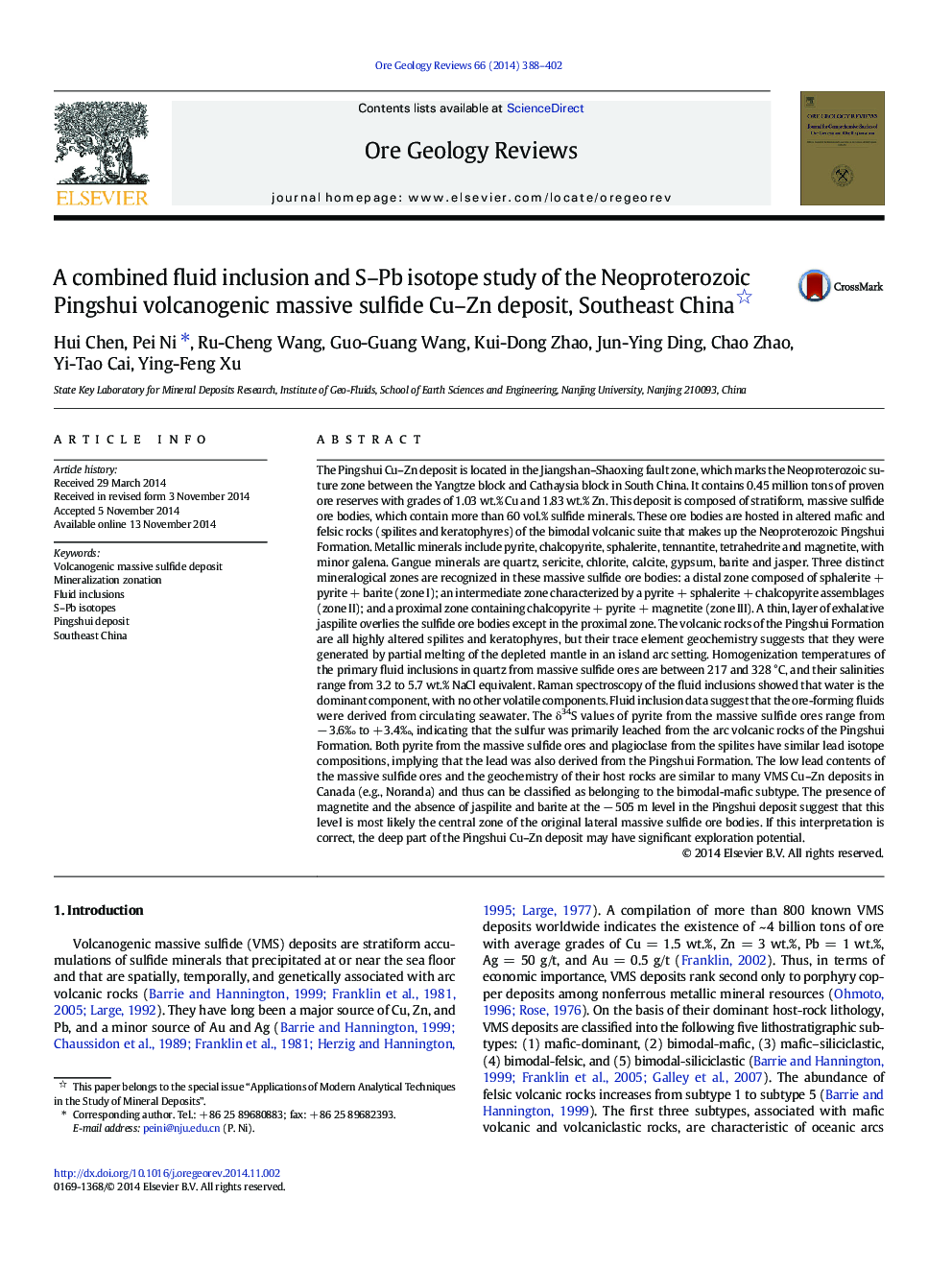 A combined fluid inclusion and S–Pb isotope study of the Neoproterozoic Pingshui volcanogenic massive sulfide Cu–Zn deposit, Southeast China 