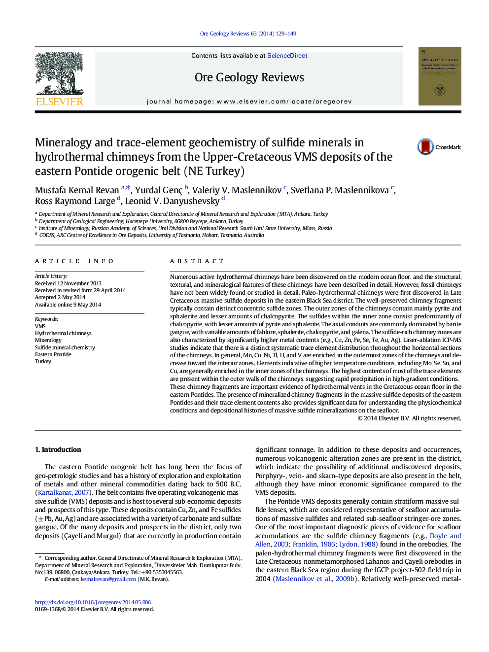 Mineralogy and trace-element geochemistry of sulfide minerals in hydrothermal chimneys from the Upper-Cretaceous VMS deposits of the eastern Pontide orogenic belt (NE Turkey)