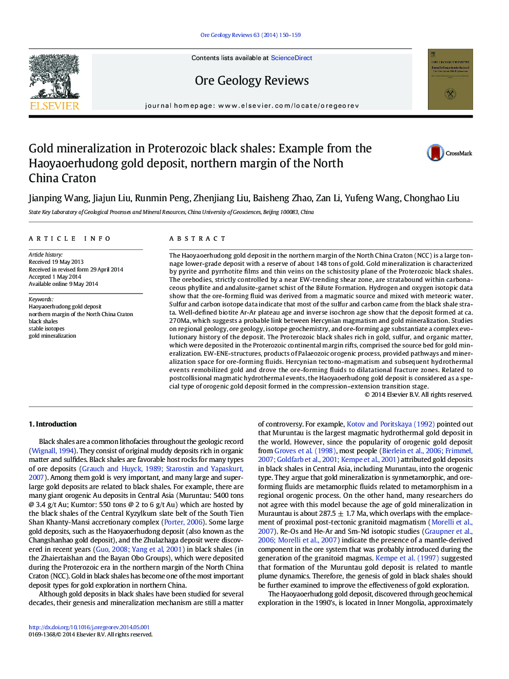 Gold mineralization in Proterozoic black shales: Example from the Haoyaoerhudong gold deposit, northern margin of the North China Craton