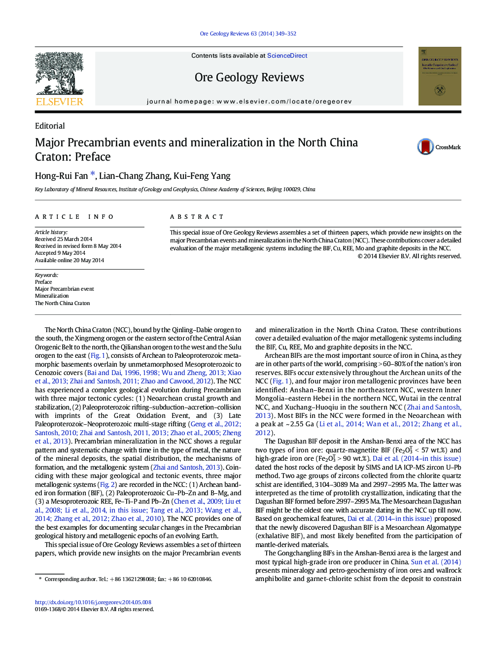 Major Precambrian events and mineralization in the North China Craton: Preface