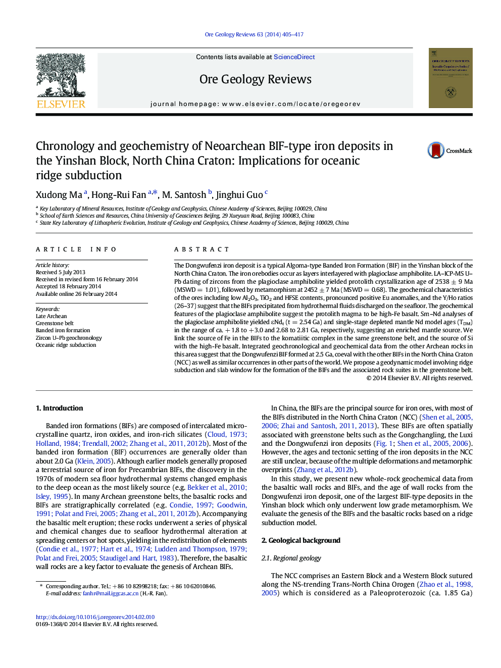 Chronology and geochemistry of Neoarchean BIF-type iron deposits in the Yinshan Block, North China Craton: Implications for oceanic ridge subduction