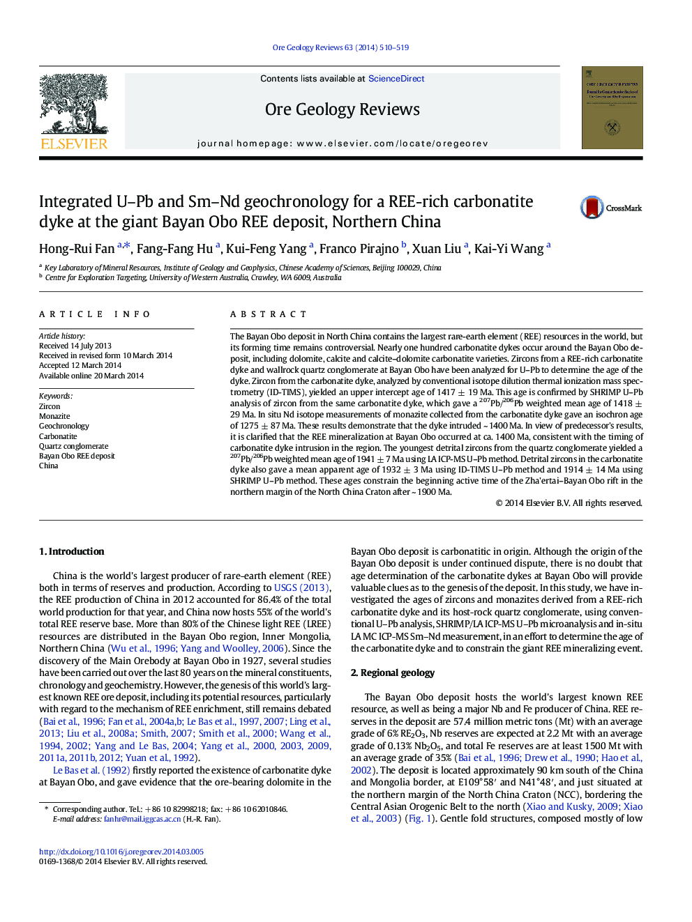 Integrated U–Pb and Sm–Nd geochronology for a REE-rich carbonatite dyke at the giant Bayan Obo REE deposit, Northern China