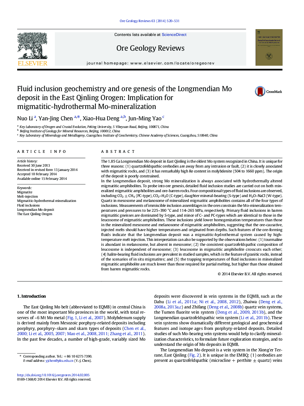 Fluid inclusion geochemistry and ore genesis of the Longmendian Mo deposit in the East Qinling Orogen: Implication for migmatitic-hydrothermal Mo-mineralization