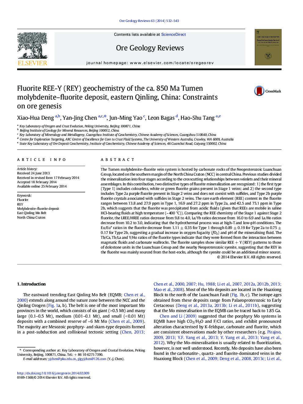 Fluorite REE-Y (REY) geochemistry of the ca. 850 Ma Tumen molybdenite–fluorite deposit, eastern Qinling, China: Constraints on ore genesis