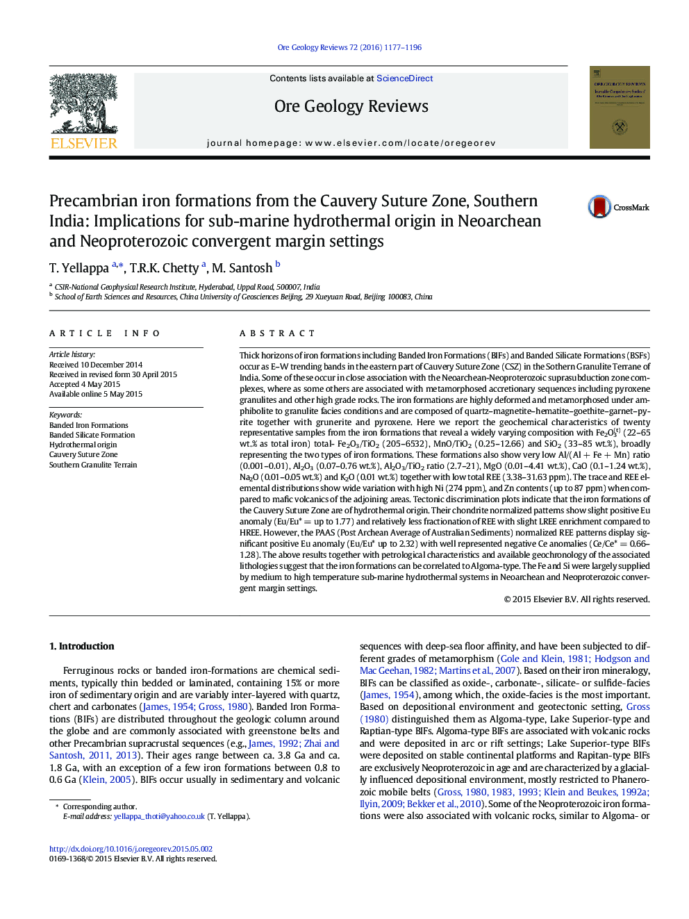 Precambrian iron formations from the Cauvery Suture Zone, Southern India: Implications for sub-marine hydrothermal origin in Neoarchean and Neoproterozoic convergent margin settings