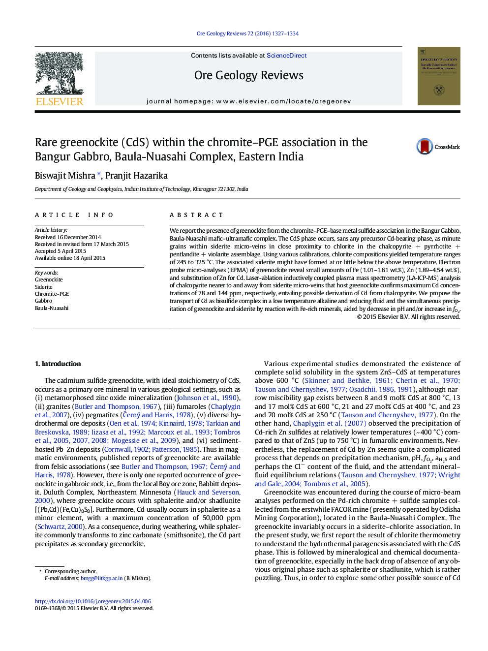 Rare greenockite (CdS) within the chromite–PGE association in the Bangur Gabbro, Baula-Nuasahi Complex, Eastern India