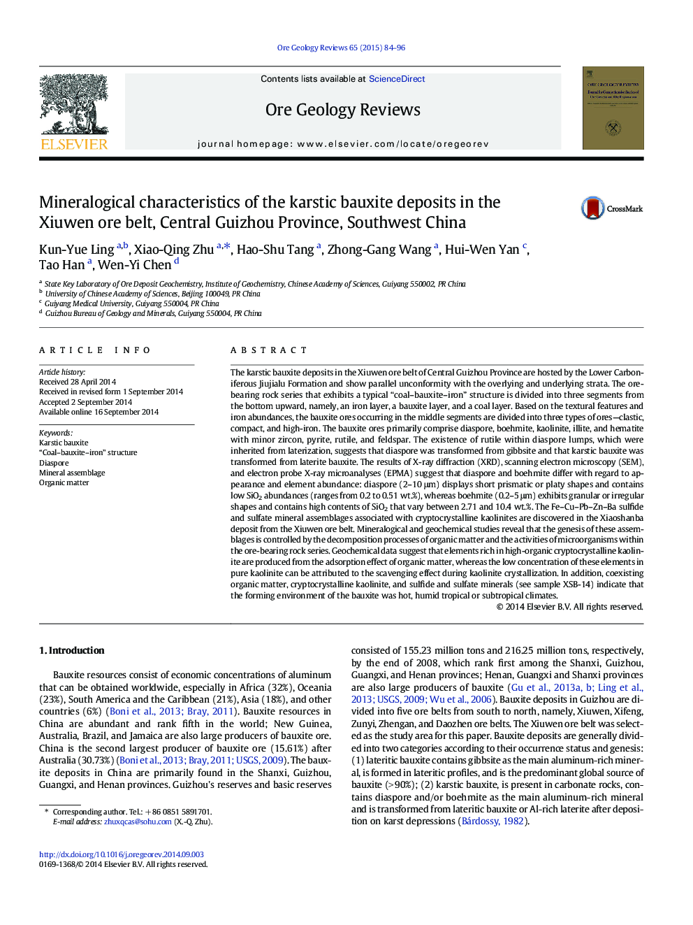 Mineralogical characteristics of the karstic bauxite deposits in the Xiuwen ore belt, Central Guizhou Province, Southwest China