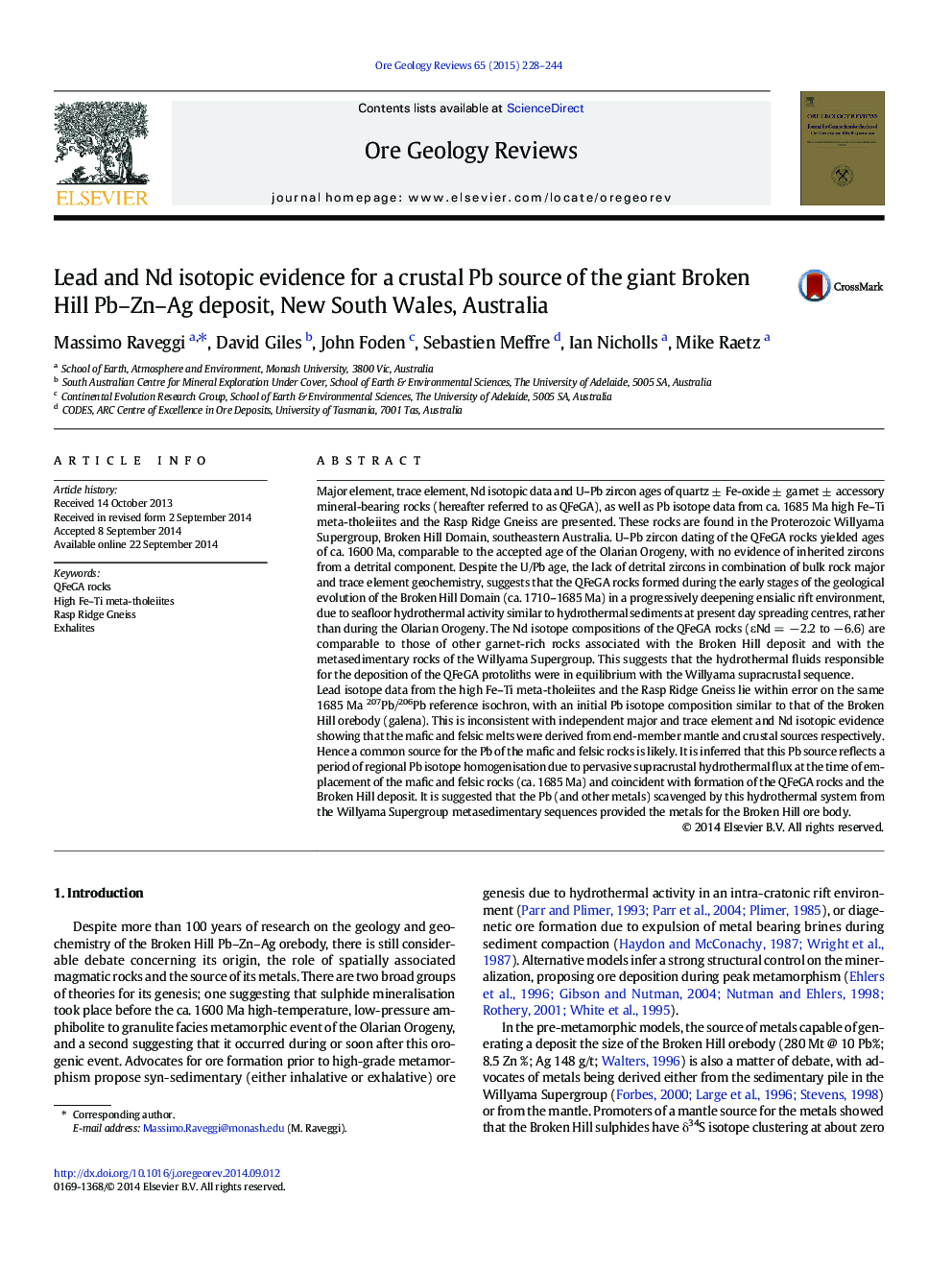 Lead and Nd isotopic evidence for a crustal Pb source of the giant Broken Hill Pb–Zn–Ag deposit, New South Wales, Australia