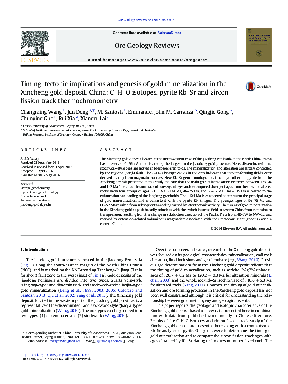 Timing, tectonic implications and genesis of gold mineralization in the Xincheng gold deposit, China: C–H–O isotopes, pyrite Rb–Sr and zircon fission track thermochronometry