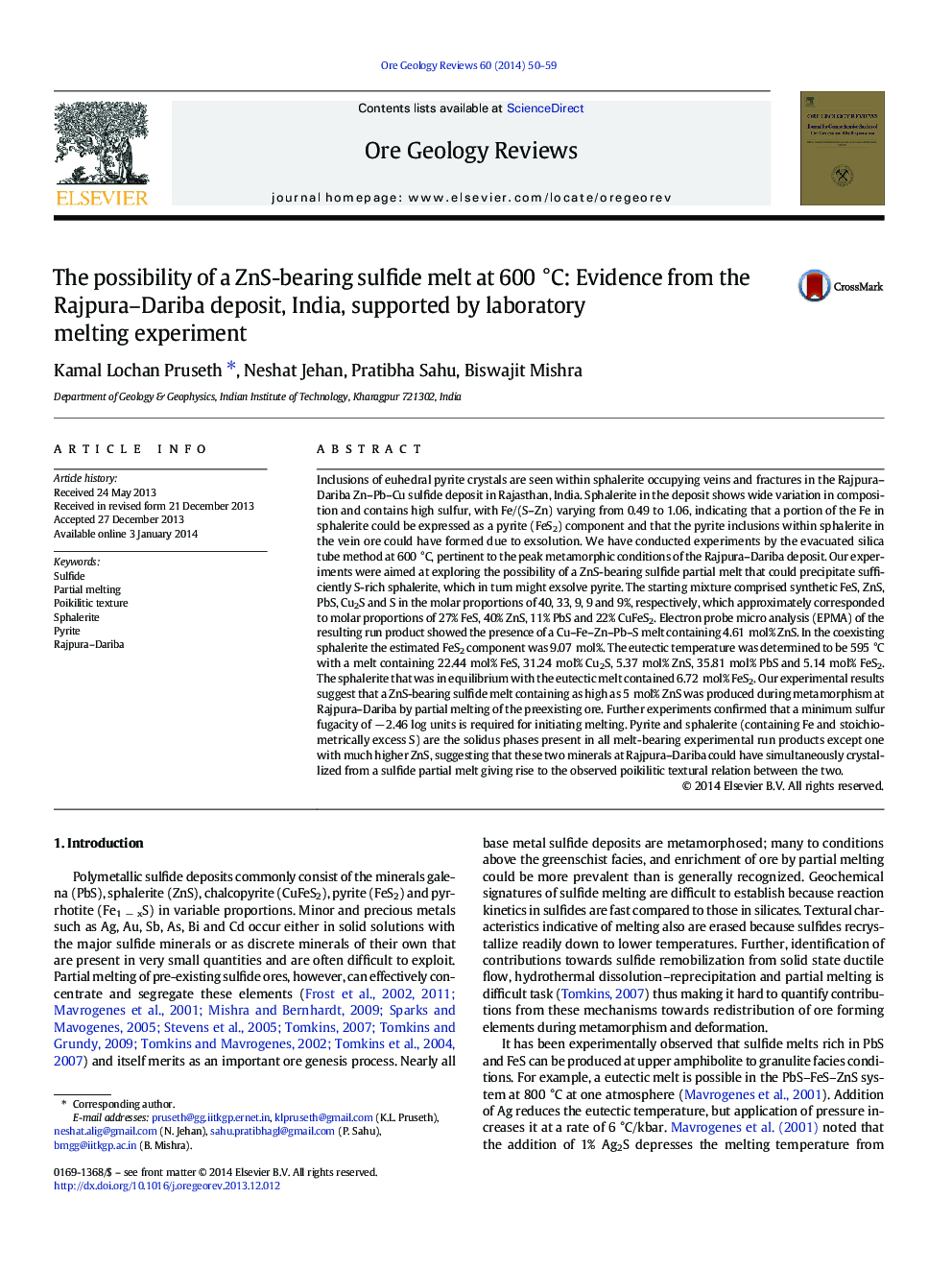 The possibility of a ZnS-bearing sulfide melt at 600 °C: Evidence from the Rajpura–Dariba deposit, India, supported by laboratory melting experiment