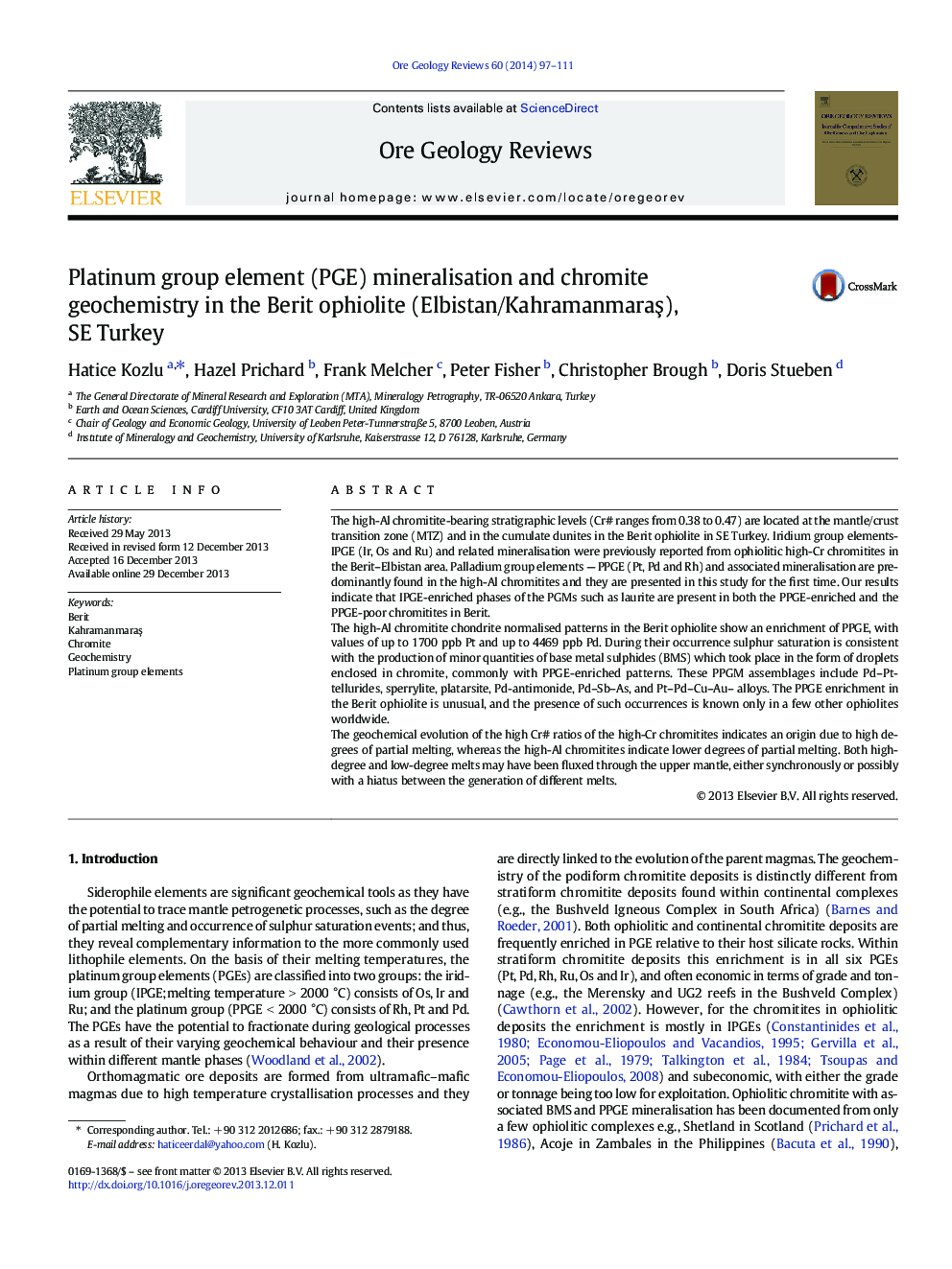 Platinum group element (PGE) mineralisation and chromite geochemistry in the Berit ophiolite (Elbistan/Kahramanmaraş), SE Turkey