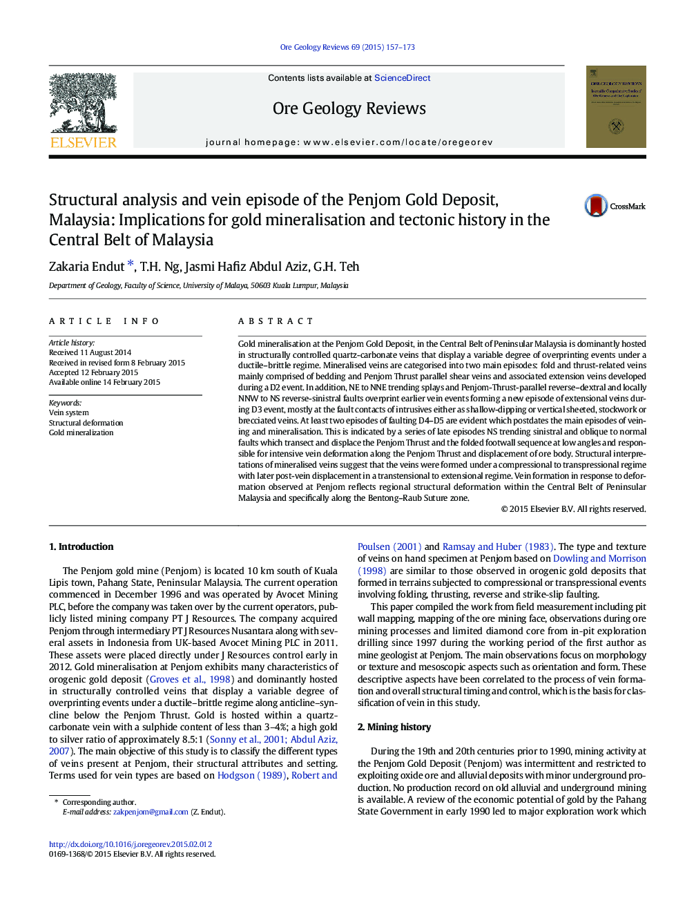 Structural analysis and vein episode of the Penjom Gold Deposit, Malaysia: Implications for gold mineralisation and tectonic history in the Central Belt of Malaysia