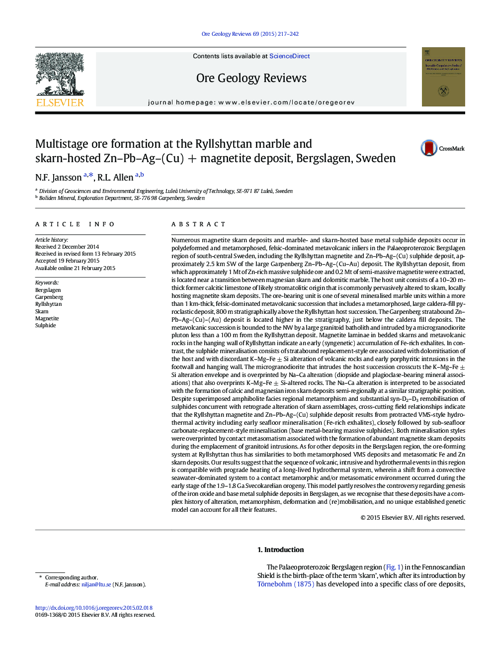 Multistage ore formation at the Ryllshyttan marble and skarn-hosted Zn–Pb–Ag–(Cu) + magnetite deposit, Bergslagen, Sweden