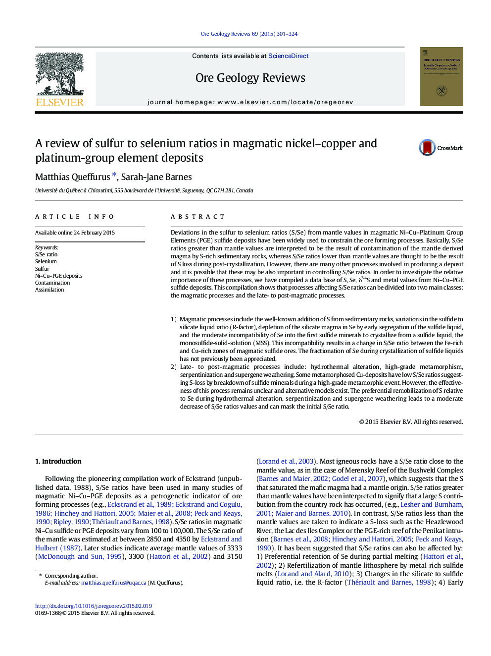 A review of sulfur to selenium ratios in magmatic nickel–copper and platinum-group element deposits