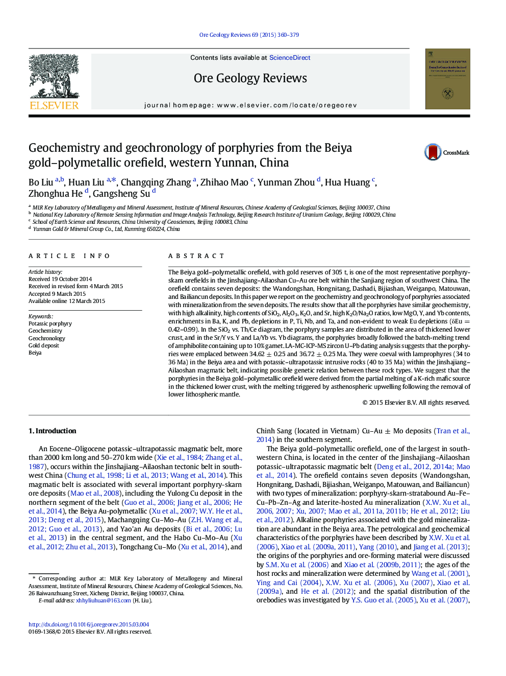 Geochemistry and geochronology of porphyries from the Beiya gold–polymetallic orefield, western Yunnan, China