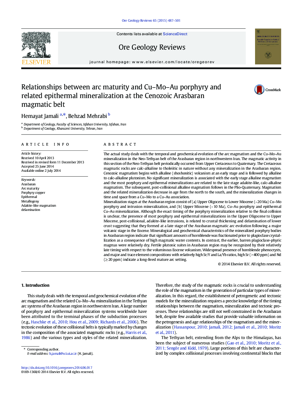Relationships between arc maturity and Cu–Mo–Au porphyry and related epithermal mineralization at the Cenozoic Arasbaran magmatic belt