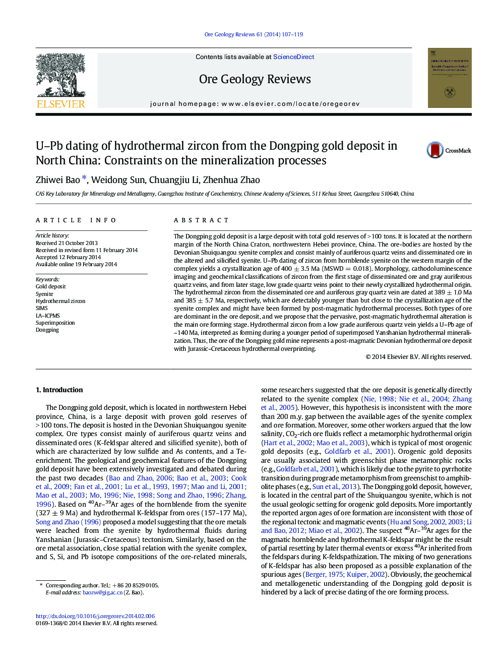 U–Pb dating of hydrothermal zircon from the Dongping gold deposit in North China: Constraints on the mineralization processes