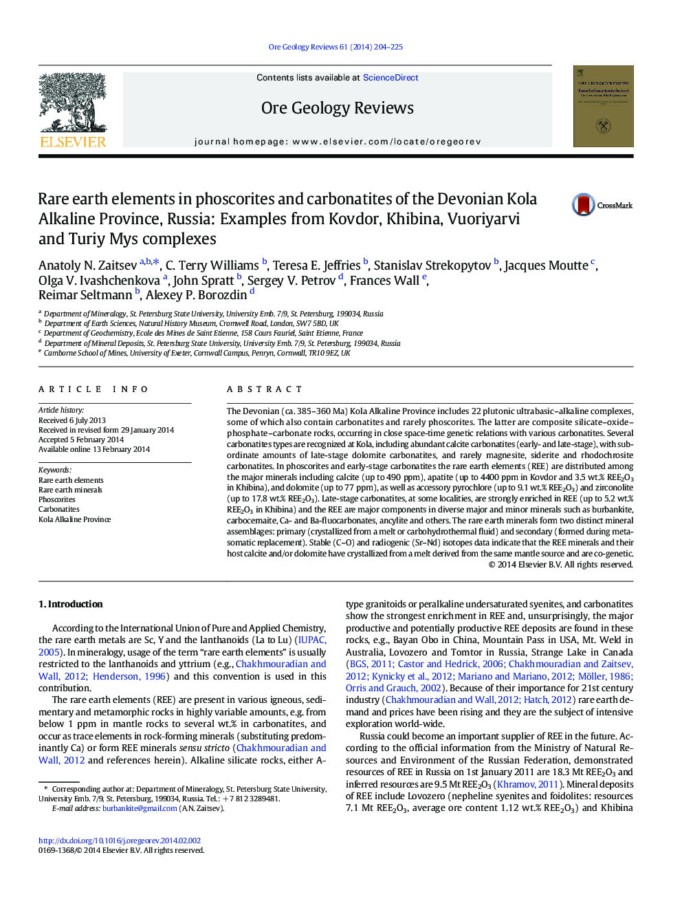 Rare earth elements in phoscorites and carbonatites of the Devonian Kola Alkaline Province, Russia: Examples from Kovdor, Khibina, Vuoriyarvi and Turiy Mys complexes