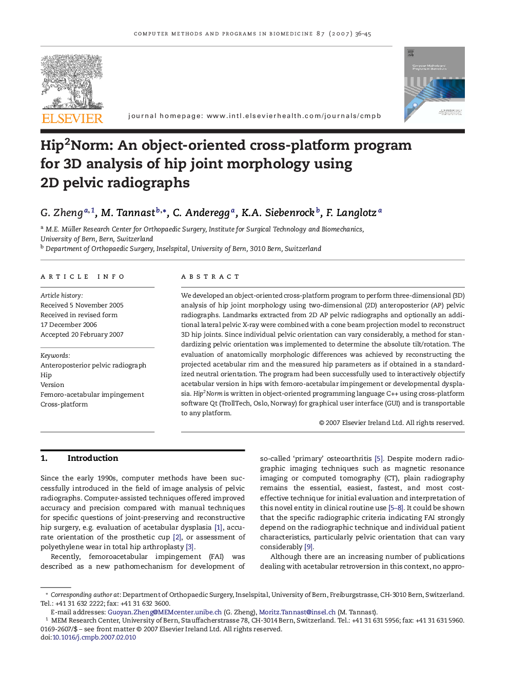 Hip2Norm: An object-oriented cross-platform program for 3D analysis of hip joint morphology using 2D pelvic radiographs