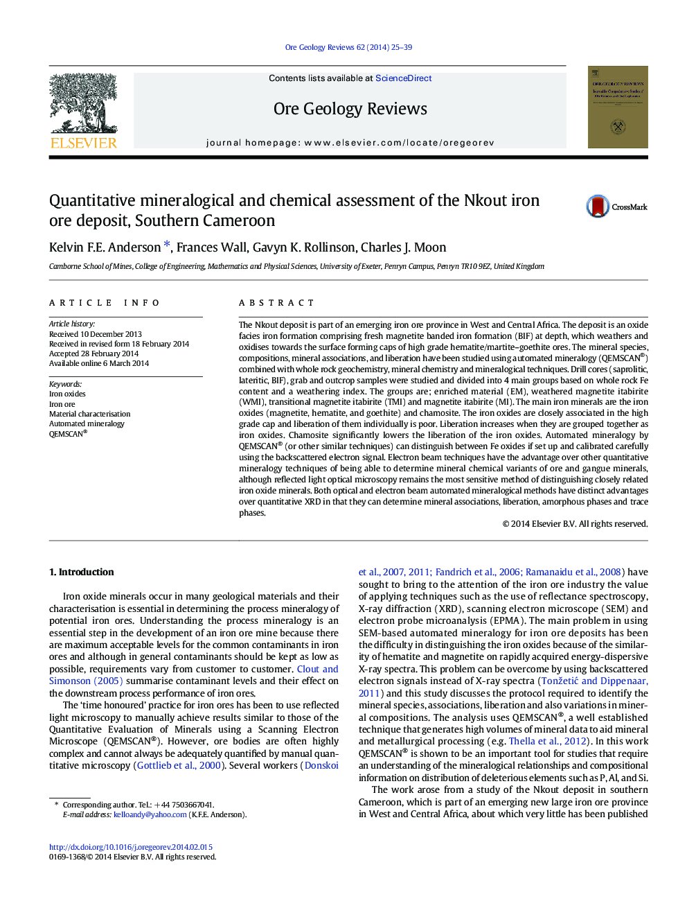 Quantitative mineralogical and chemical assessment of the Nkout iron ore deposit, Southern Cameroon