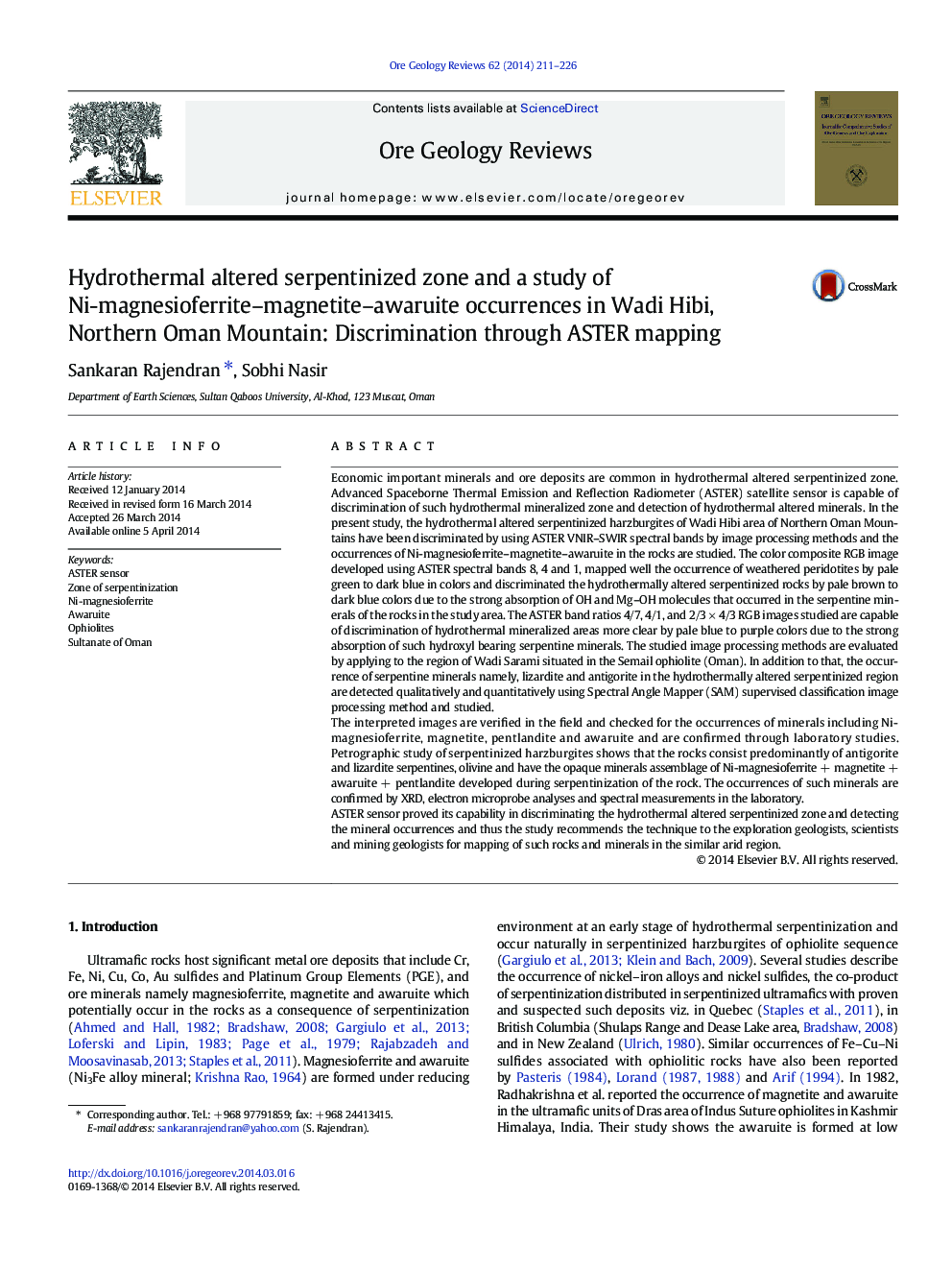 Hydrothermal altered serpentinized zone and a study of Ni-magnesioferrite–magnetite–awaruite occurrences in Wadi Hibi, Northern Oman Mountain: Discrimination through ASTER mapping