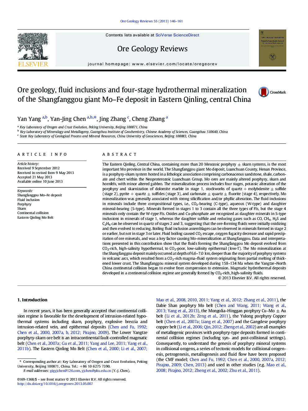 Ore geology, fluid inclusions and four-stage hydrothermal mineralization of the Shangfanggou giant Mo–Fe deposit in Eastern Qinling, central China