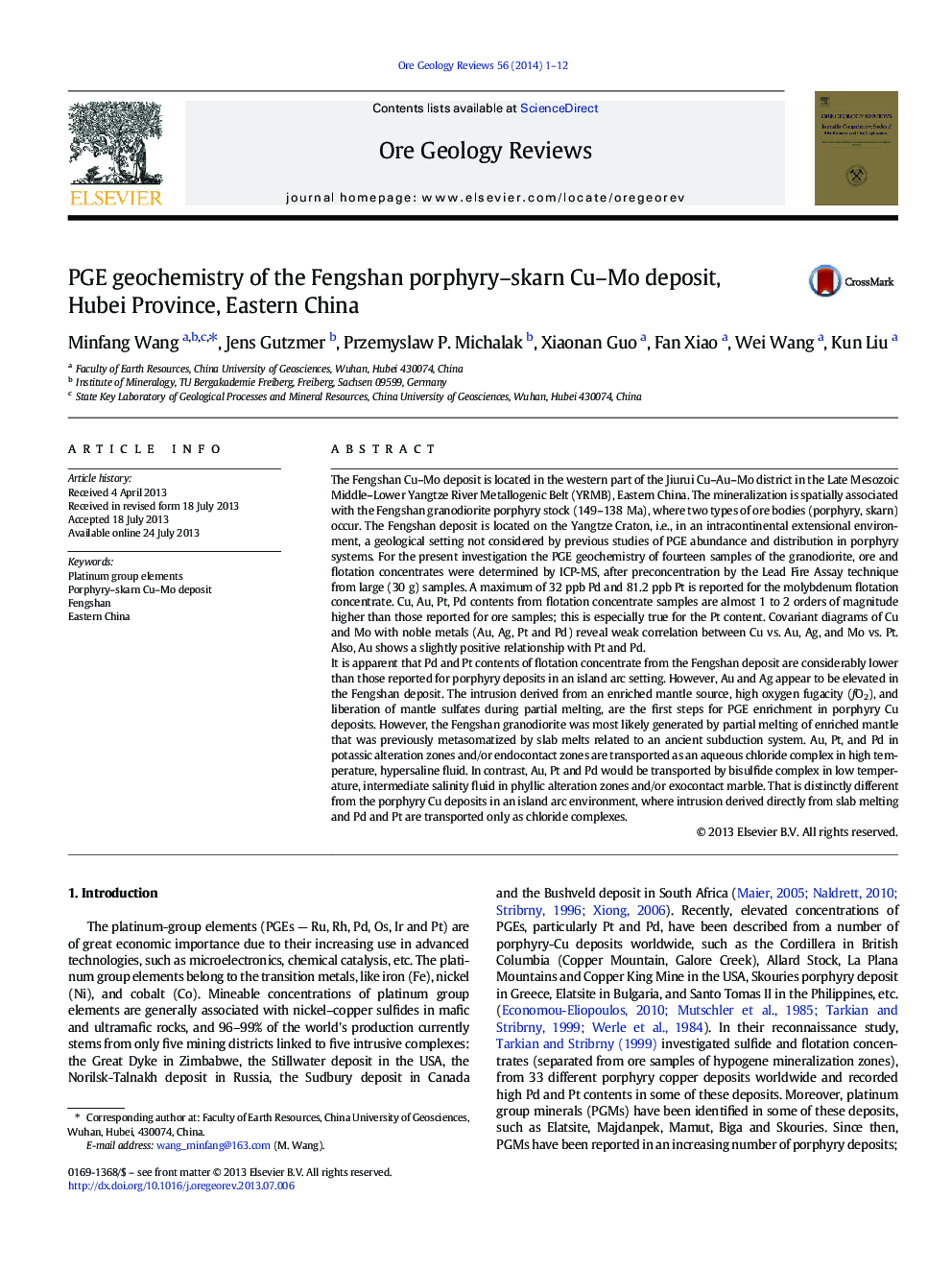 PGE geochemistry of the Fengshan porphyry–skarn Cu–Mo deposit, Hubei Province, Eastern China