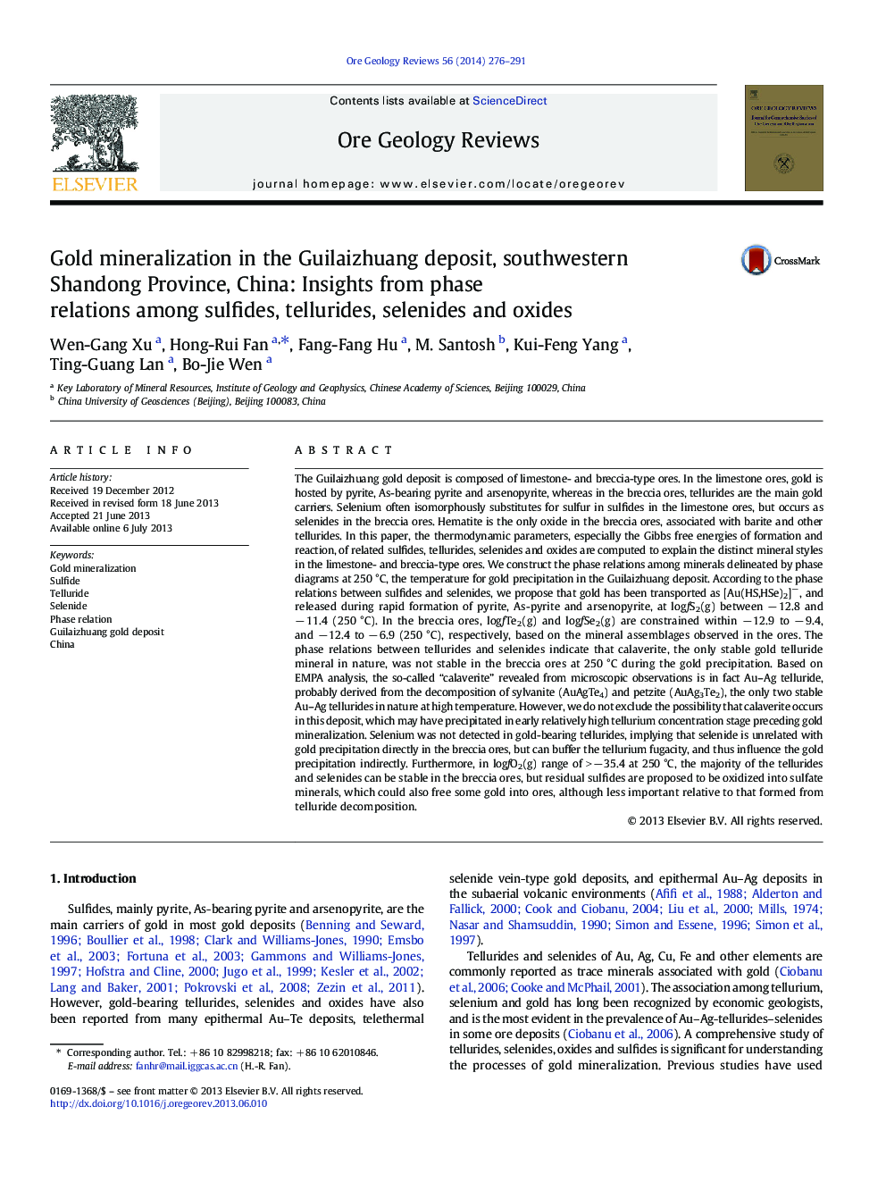 Gold mineralization in the Guilaizhuang deposit, southwestern Shandong Province, China: Insights from phase relations among sulfides, tellurides, selenides and oxides