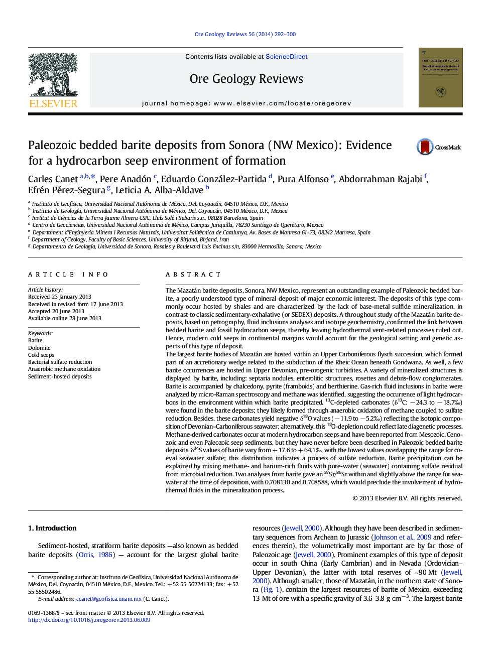 Paleozoic bedded barite deposits from Sonora (NW Mexico): Evidence for a hydrocarbon seep environment of formation