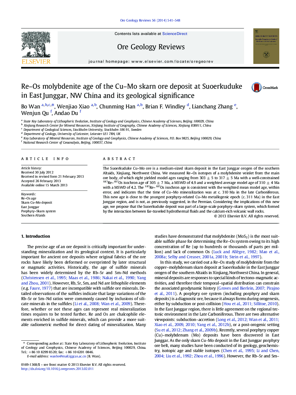 Re-Os molybdenite age of the Cu-Mo skarn ore deposit at Suoerkuduke in East Junggar, NW China and its geological significance