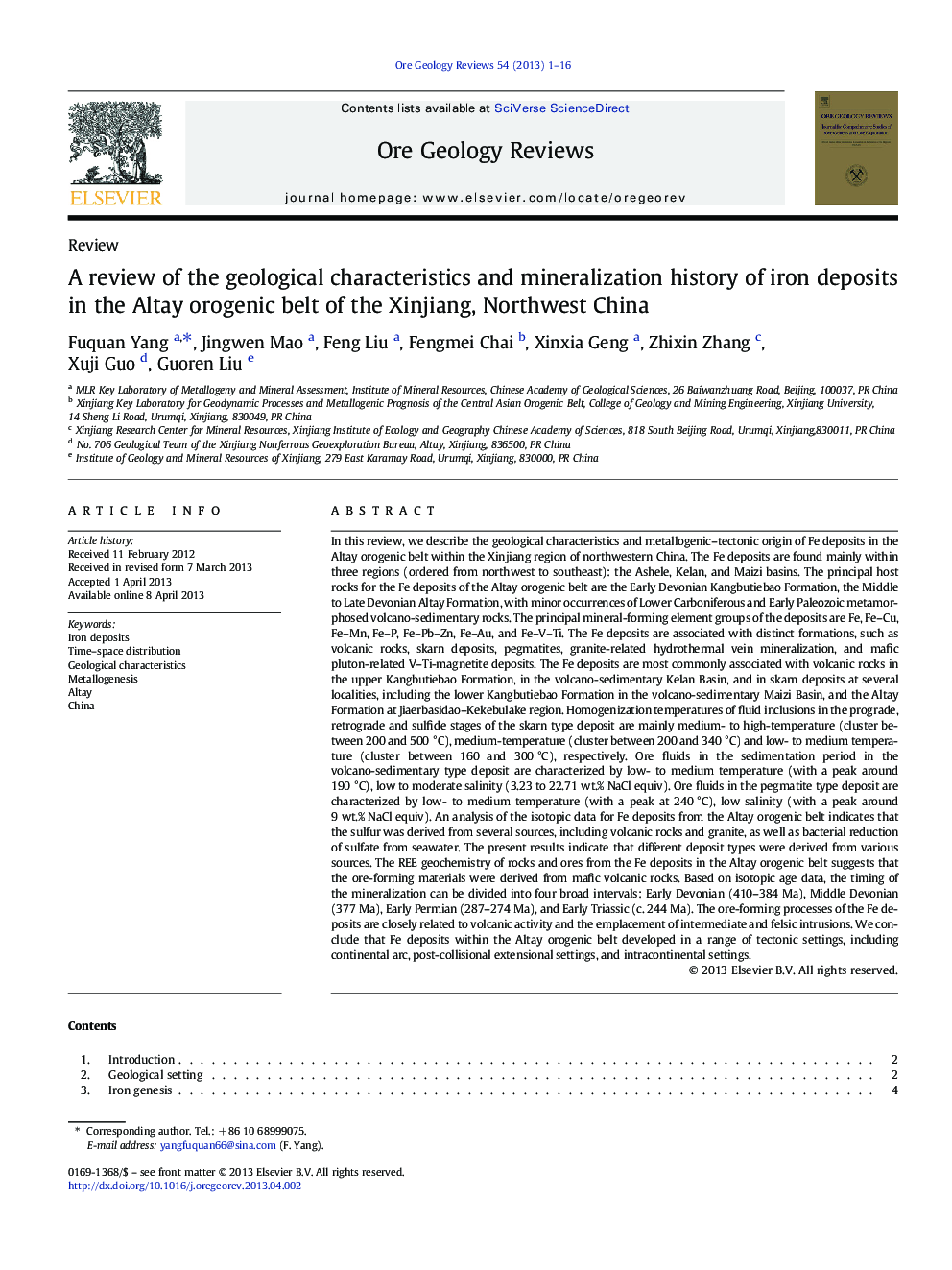 A review of the geological characteristics and mineralization history of iron deposits in the Altay orogenic belt of the Xinjiang, Northwest China