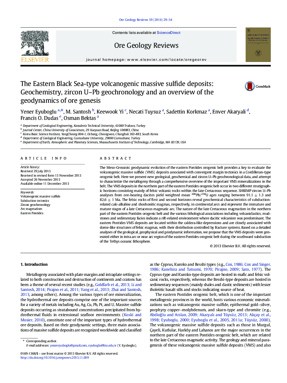 The Eastern Black Sea-type volcanogenic massive sulfide deposits: Geochemistry, zircon U–Pb geochronology and an overview of the geodynamics of ore genesis