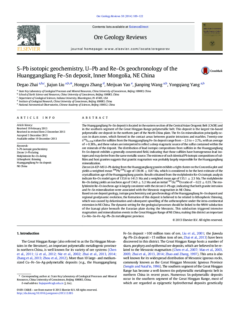 S–Pb isotopic geochemistry, U–Pb and Re–Os geochronology of the Huanggangliang Fe–Sn deposit, Inner Mongolia, NE China