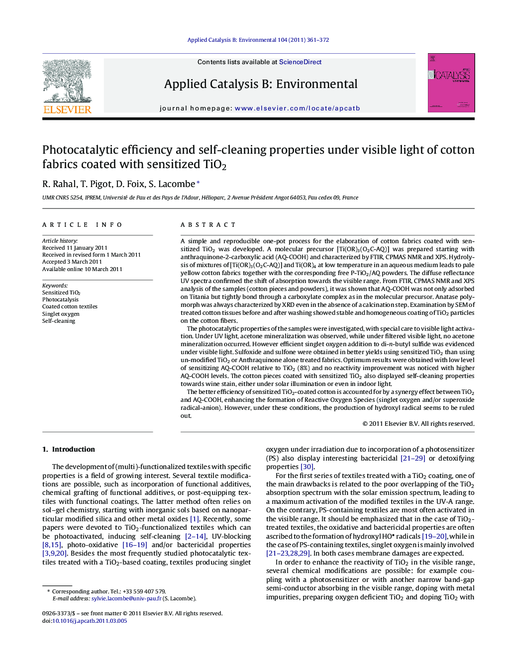 Photocatalytic efficiency and self-cleaning properties under visible light of cotton fabrics coated with sensitized TiO2