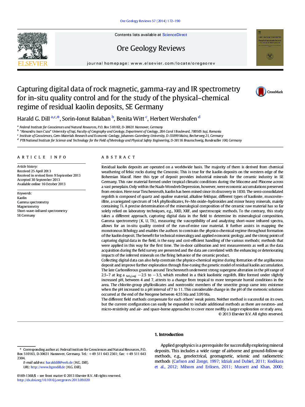 Capturing digital data of rock magnetic, gamma-ray and IR spectrometry for in-situ quality control and for the study of the physical-chemical regime of residual kaolin deposits, SE Germany