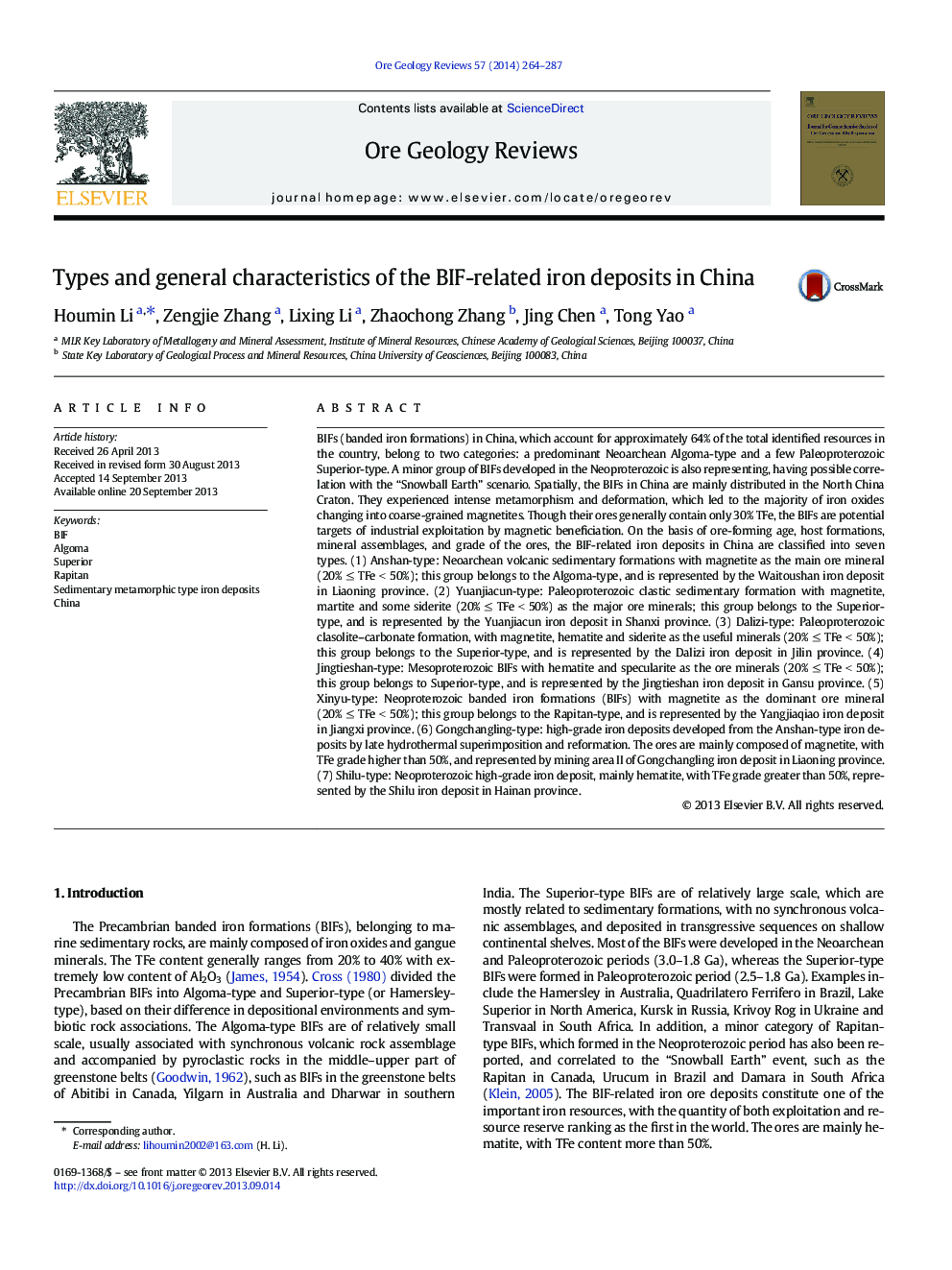 Types and general characteristics of the BIF-related iron deposits in China