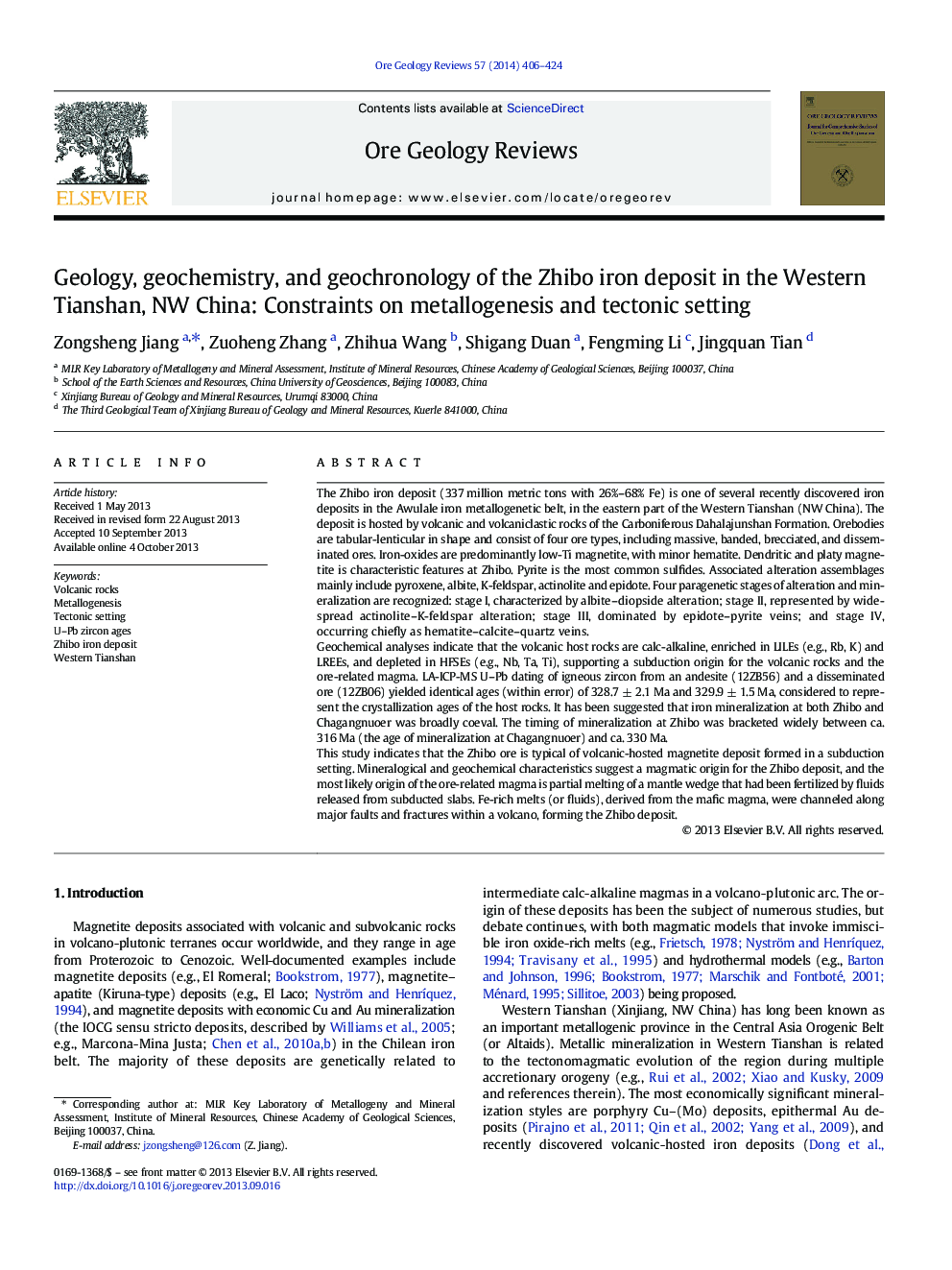 Geology, geochemistry, and geochronology of the Zhibo iron deposit in the Western Tianshan, NW China: Constraints on metallogenesis and tectonic setting