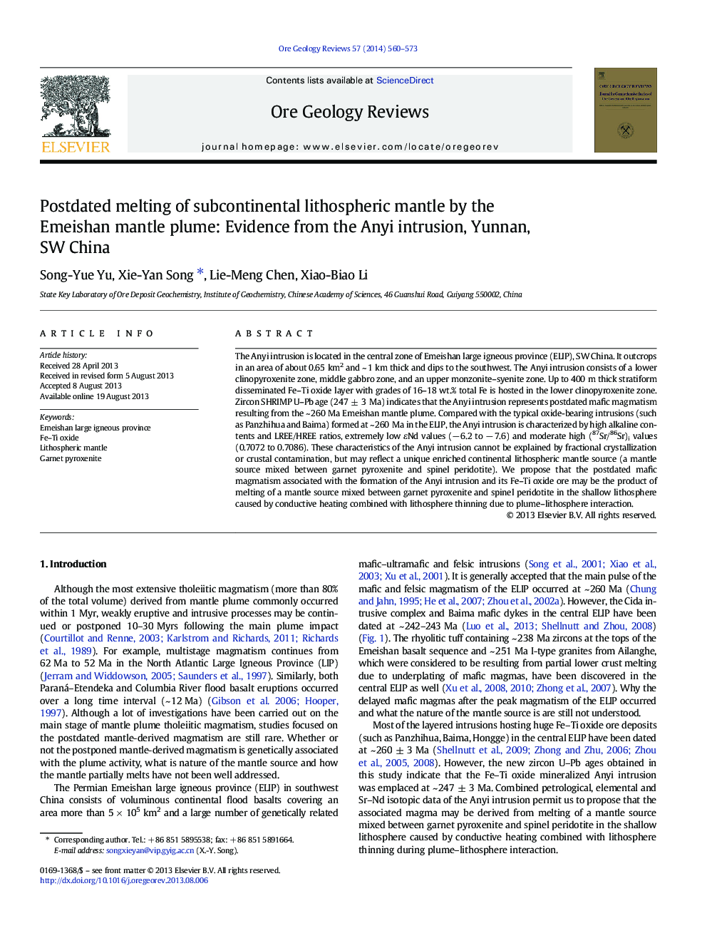 Postdated melting of subcontinental lithospheric mantle by the Emeishan mantle plume: Evidence from the Anyi intrusion, Yunnan, SW China