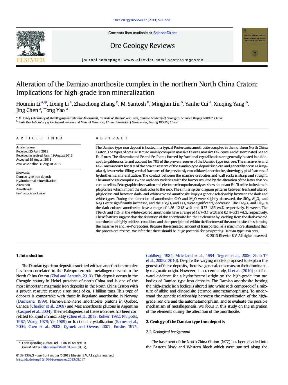 Alteration of the Damiao anorthosite complex in the northern North China Craton: Implications for high-grade iron mineralization