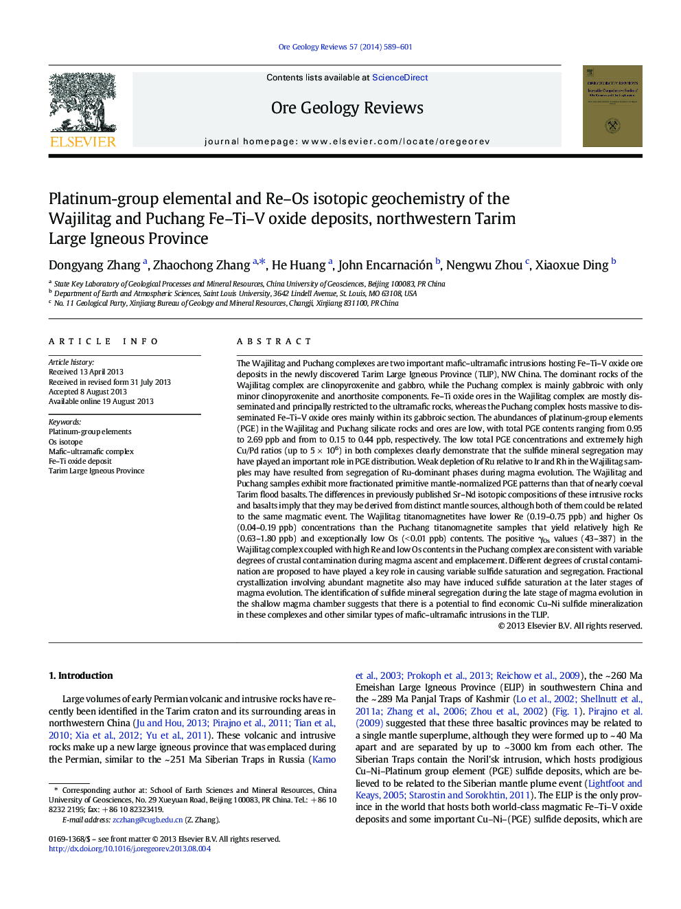 Platinum-group elemental and Re–Os isotopic geochemistry of the Wajilitag and Puchang Fe–Ti–V oxide deposits, northwestern Tarim Large Igneous Province