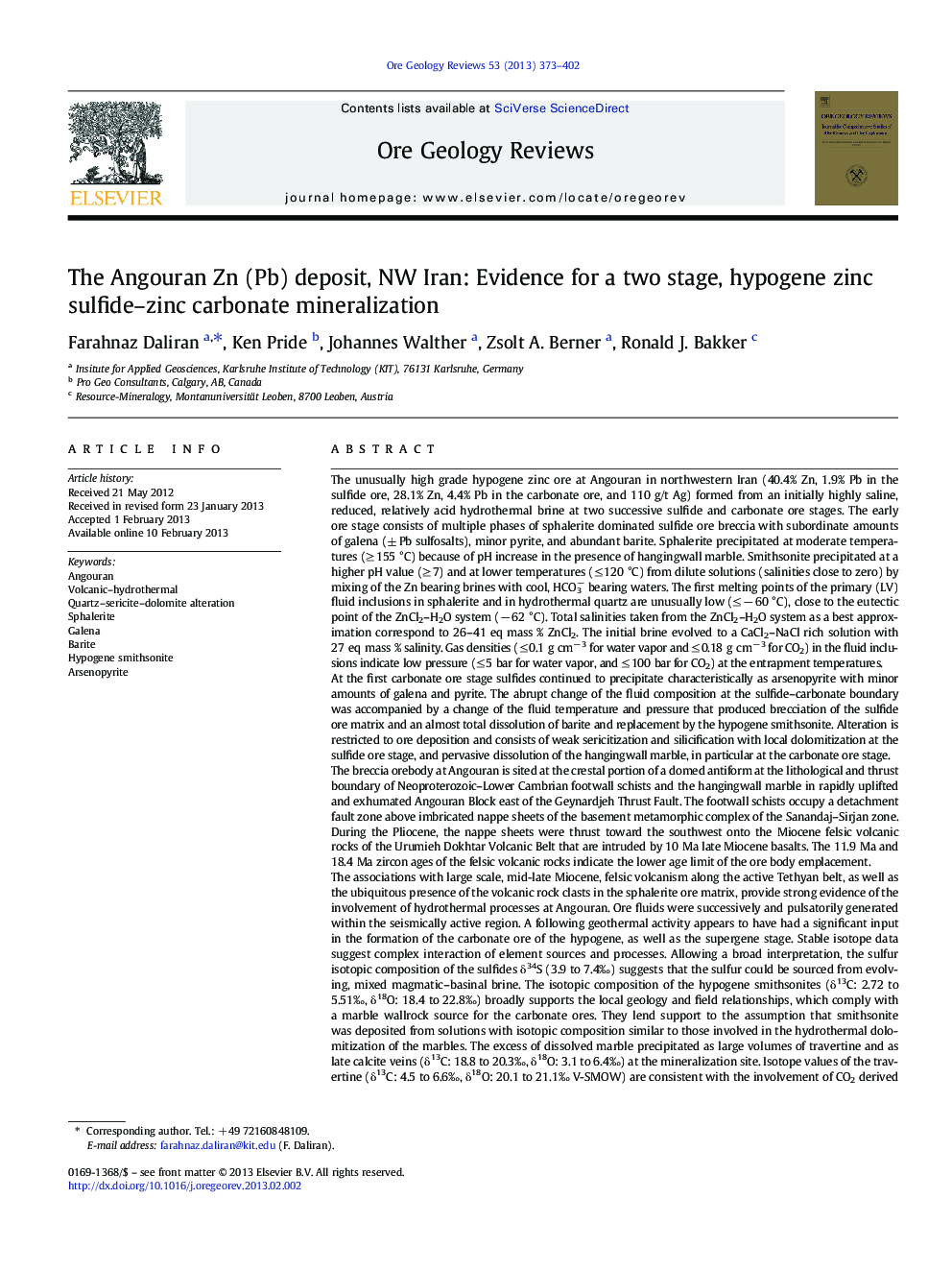 The Angouran Zn (Pb) deposit, NW Iran: Evidence for a two stage, hypogene zinc sulfide–zinc carbonate mineralization