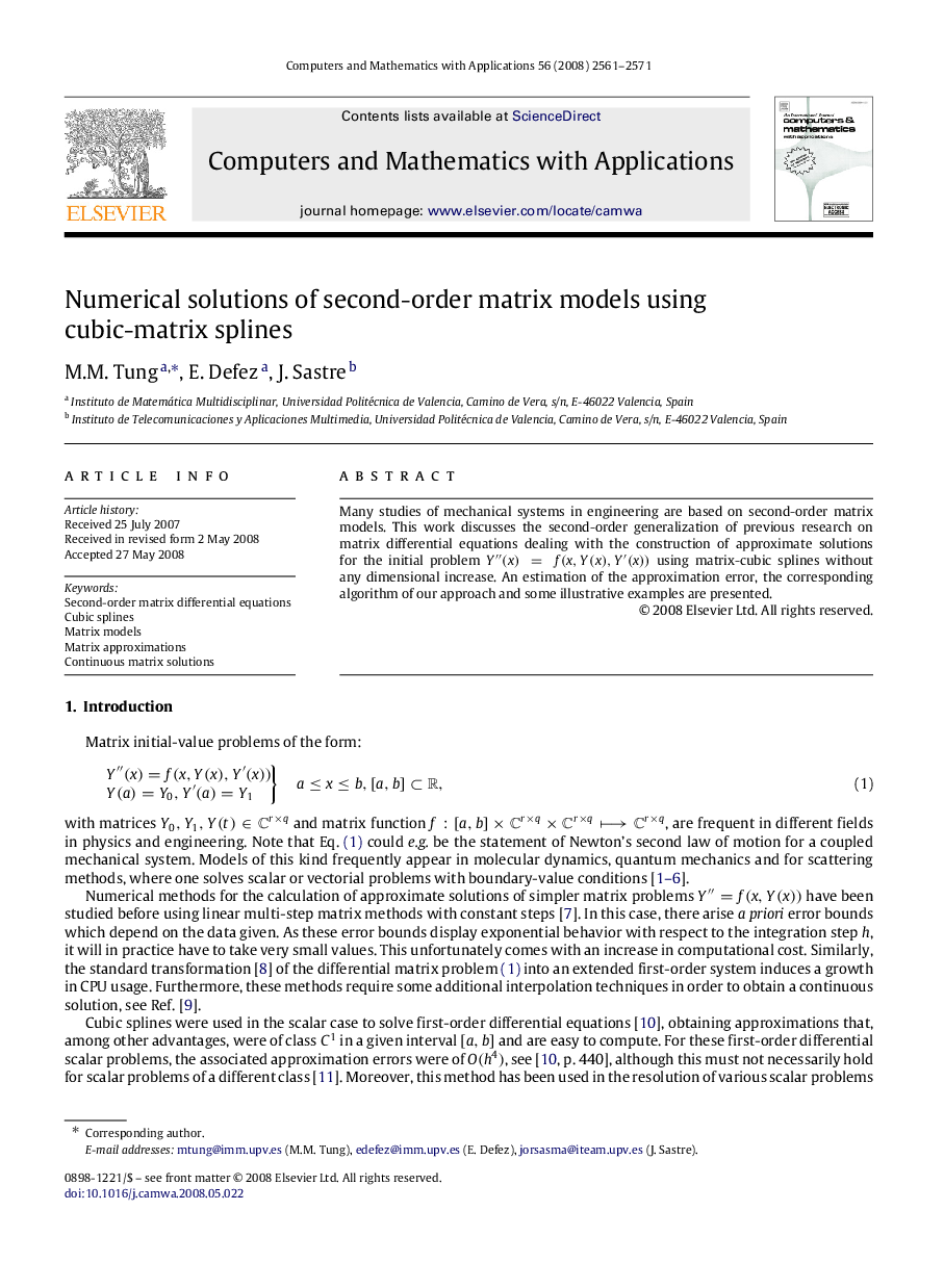 Numerical solutions of second-order matrix models using cubic-matrix splines