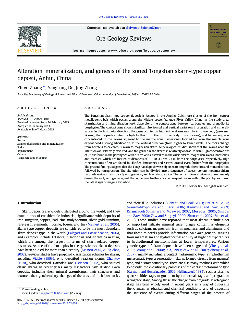 Alteration, mineralization, and genesis of the zoned Tongshan skarn-type copper deposit, Anhui, China