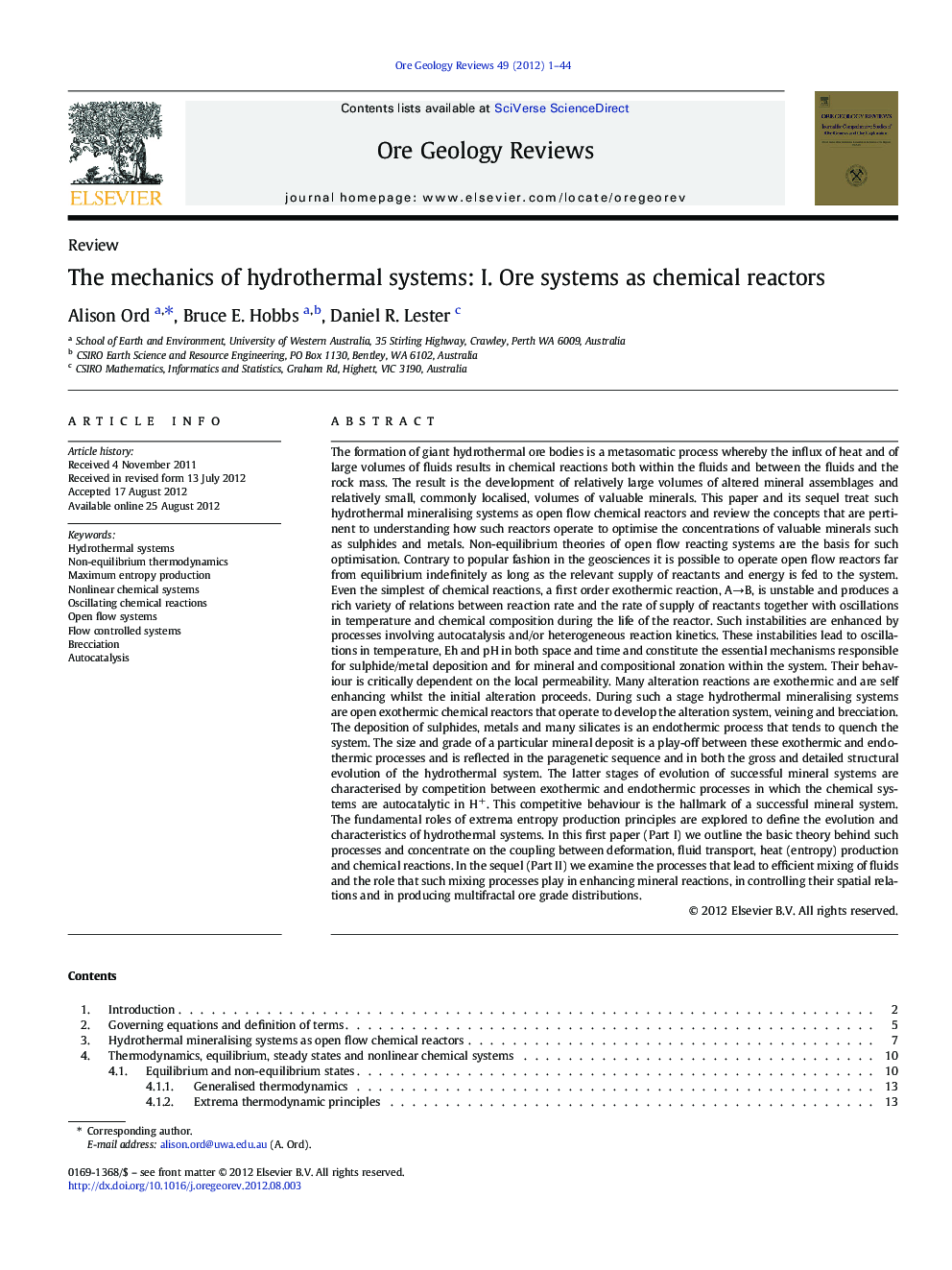 The mechanics of hydrothermal systems: I. Ore systems as chemical reactors