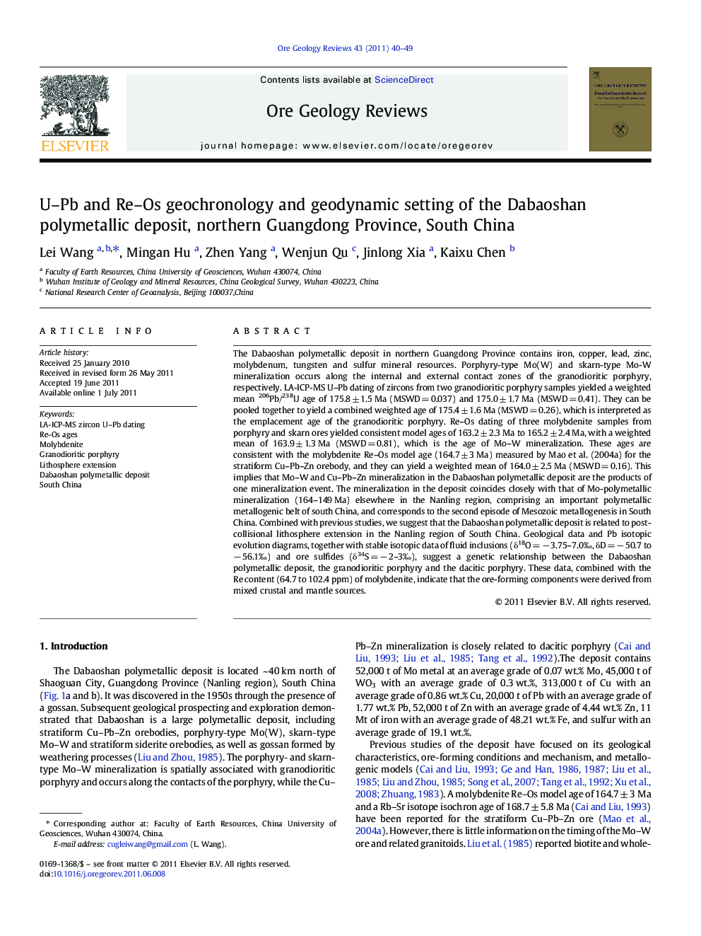 U–Pb and Re–Os geochronology and geodynamic setting of the Dabaoshan polymetallic deposit, northern Guangdong Province, South China