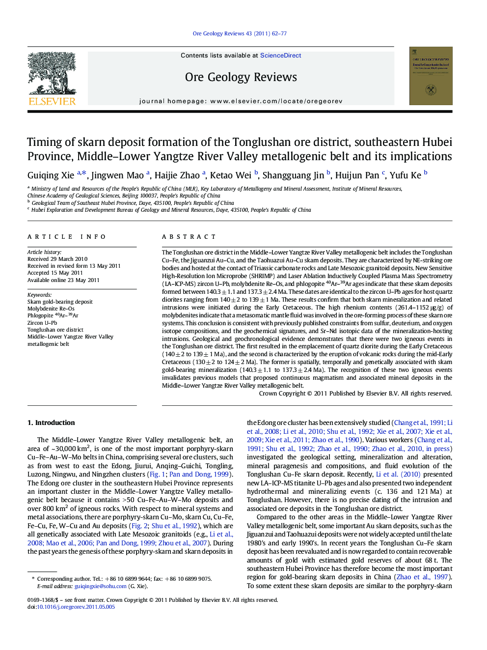 Timing of skarn deposit formation of the Tonglushan ore district, southeastern Hubei Province, Middle–Lower Yangtze River Valley metallogenic belt and its implications