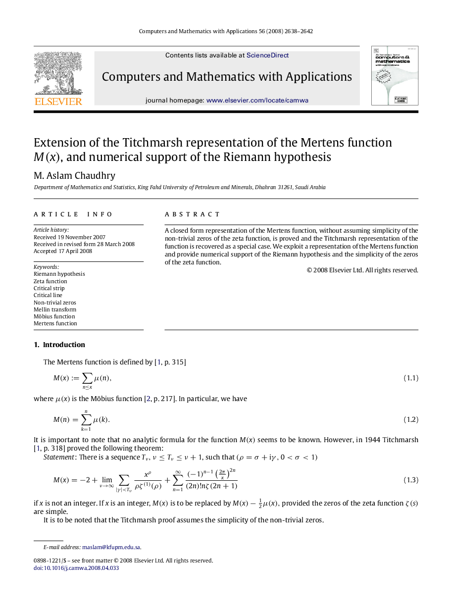 Extension of the Titchmarsh representation of the Mertens function M(x)M(x), and numerical support of the Riemann hypothesis