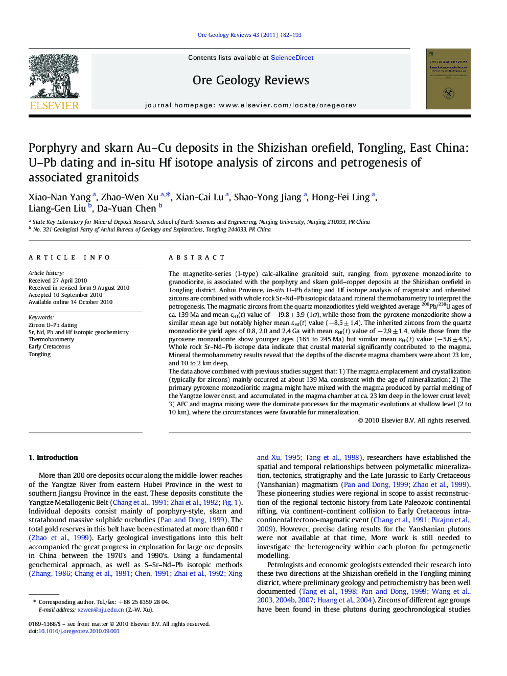 Porphyry and skarn Au–Cu deposits in the Shizishan orefield, Tongling, East China: U–Pb dating and in-situ Hf isotope analysis of zircons and petrogenesis of associated granitoids