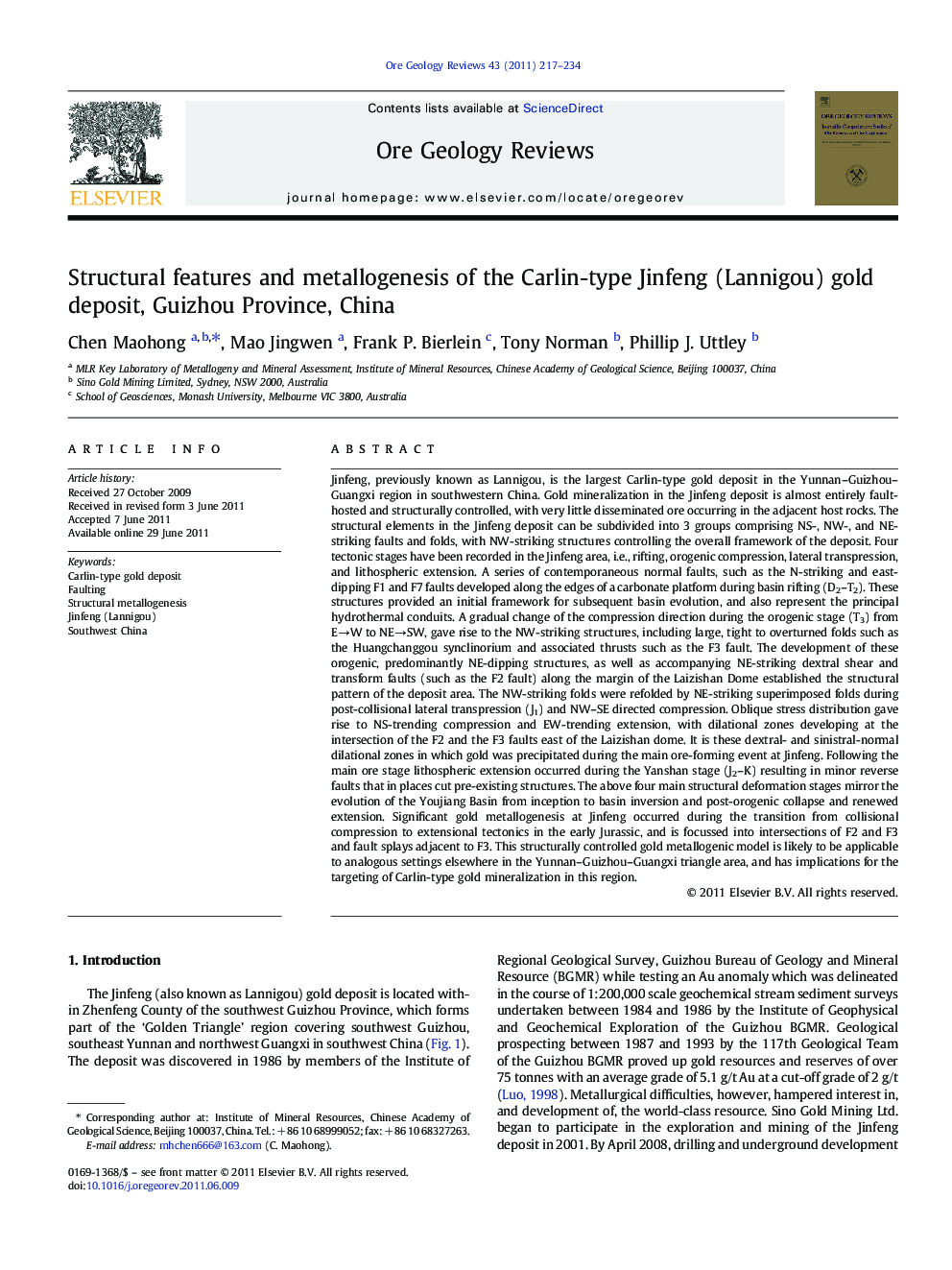 Structural features and metallogenesis of the Carlin-type Jinfeng (Lannigou) gold deposit, Guizhou Province, China