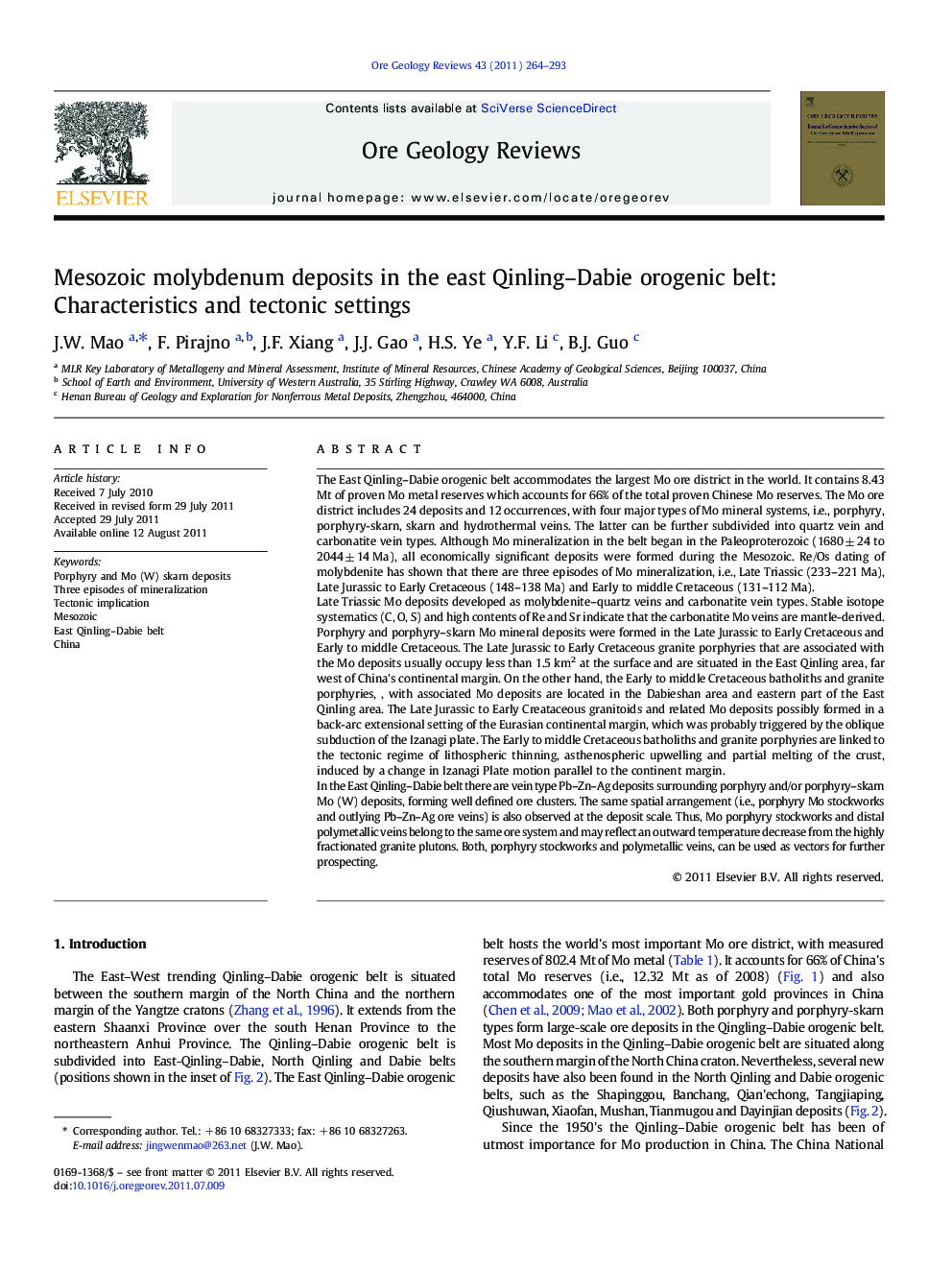 Mesozoic molybdenum deposits in the east Qinling–Dabie orogenic belt: Characteristics and tectonic settings